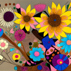 Vivid Abstract Painting with Flowers and Geometric Shapes on Tan Background