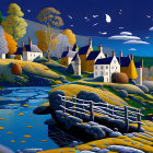 Colorful rural landscape painting with houses, trees, fence, river, and moon