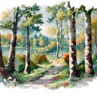 Vibrant forest illustration with tall trees, path, and yellow sun