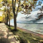 Autumn scene: Couple strolls by tranquil lake under golden trees.