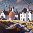 Vibrant painting of rural landscape with houses and trees