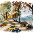 Colorful Trees & Calm Lake: Serene Landscape Illustration at Sunset