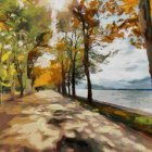 Colorful landscape with curvaceous trees, winding path, serene lake, sailboats, yellow sky