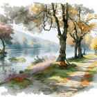 Vibrant trees and serene lake with mountains in stylized illustration