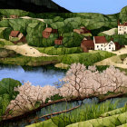 Vibrant landscape painting with river, trees, houses, and mountains