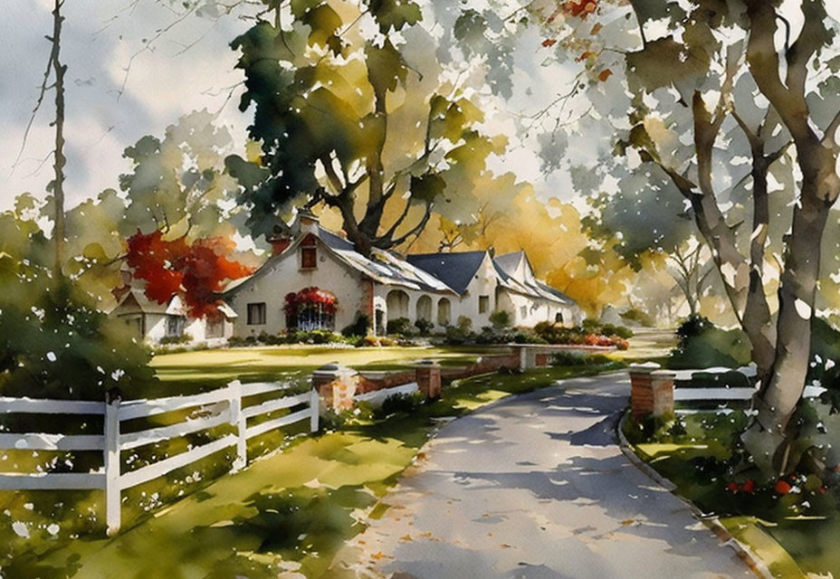 Rural Lane Watercolor Painting with White House and Trees