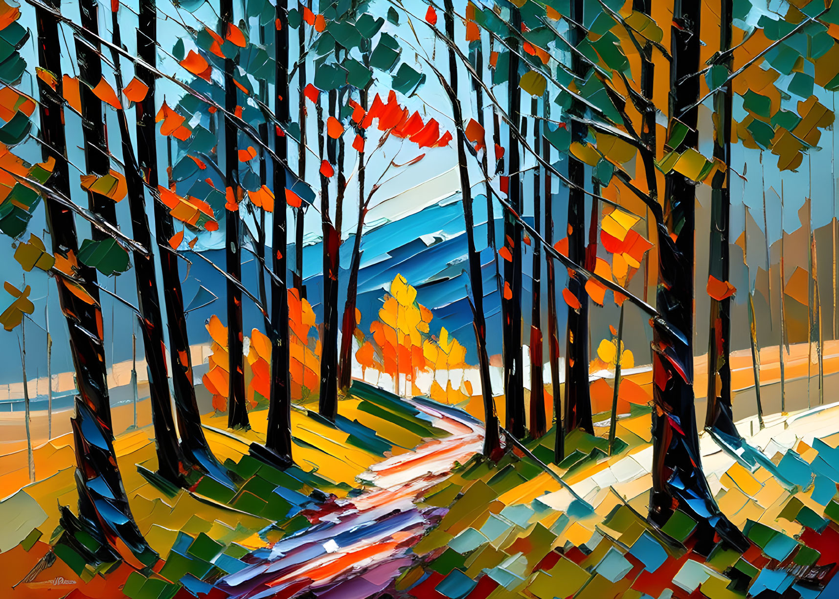 Colorful Abstract Forest Scene with Geometric Brushstrokes of Autumn Trees