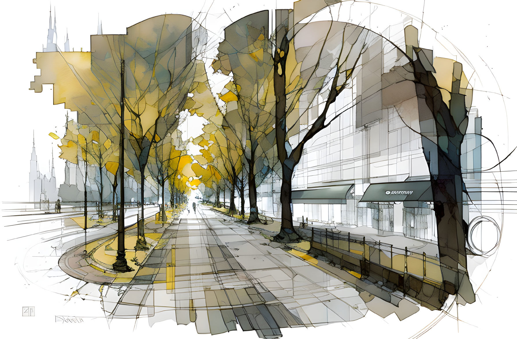 Abstract cityscape with elongated yellow-leaved trees and modern buildings.