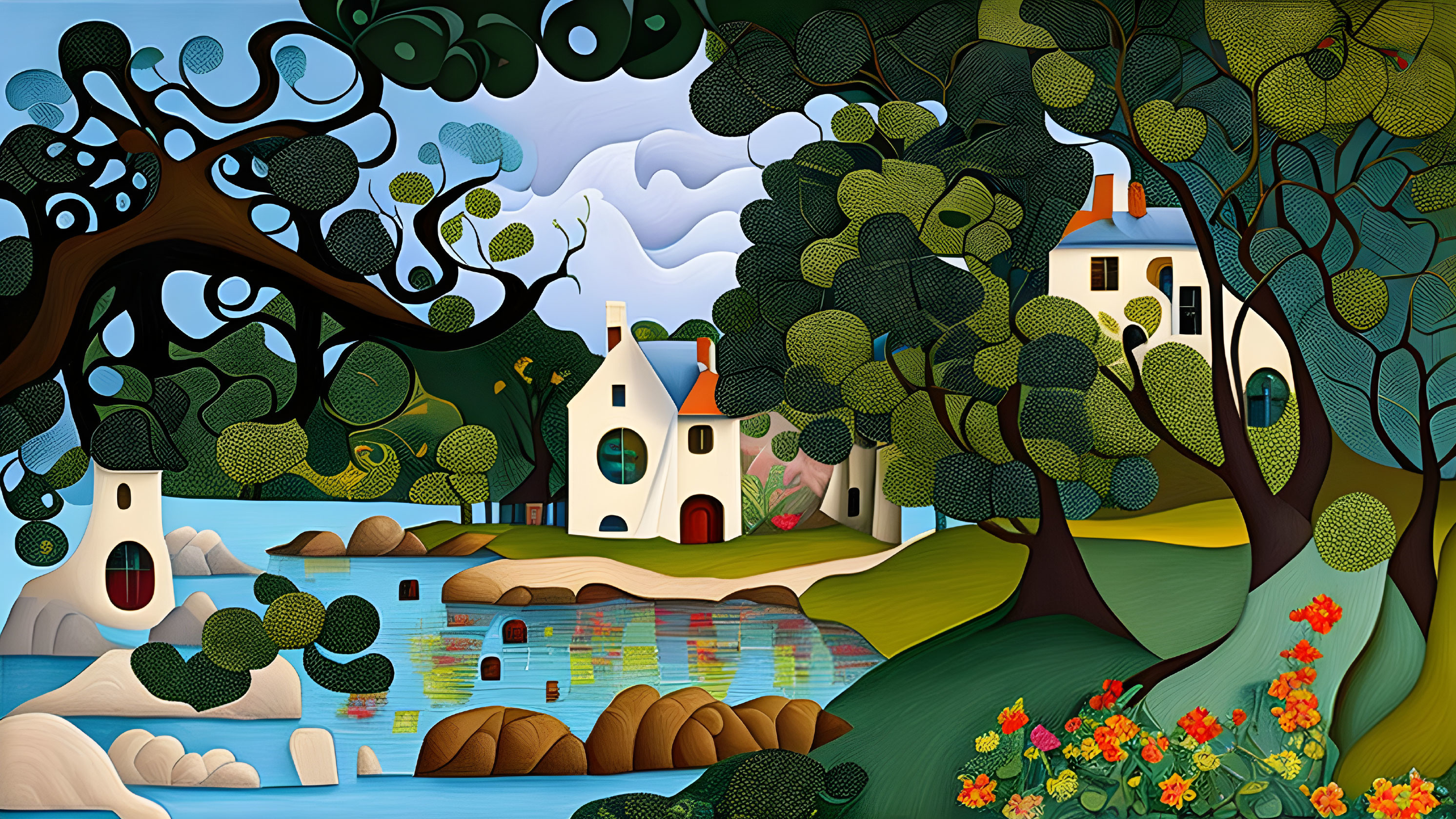 Colorful Stylized Artwork of Whimsical Landscape