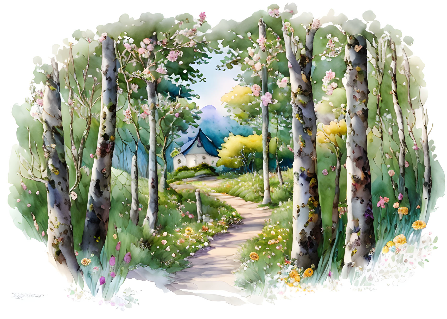 Vibrant grove with lush path and colorful flowers leading to a quaint house