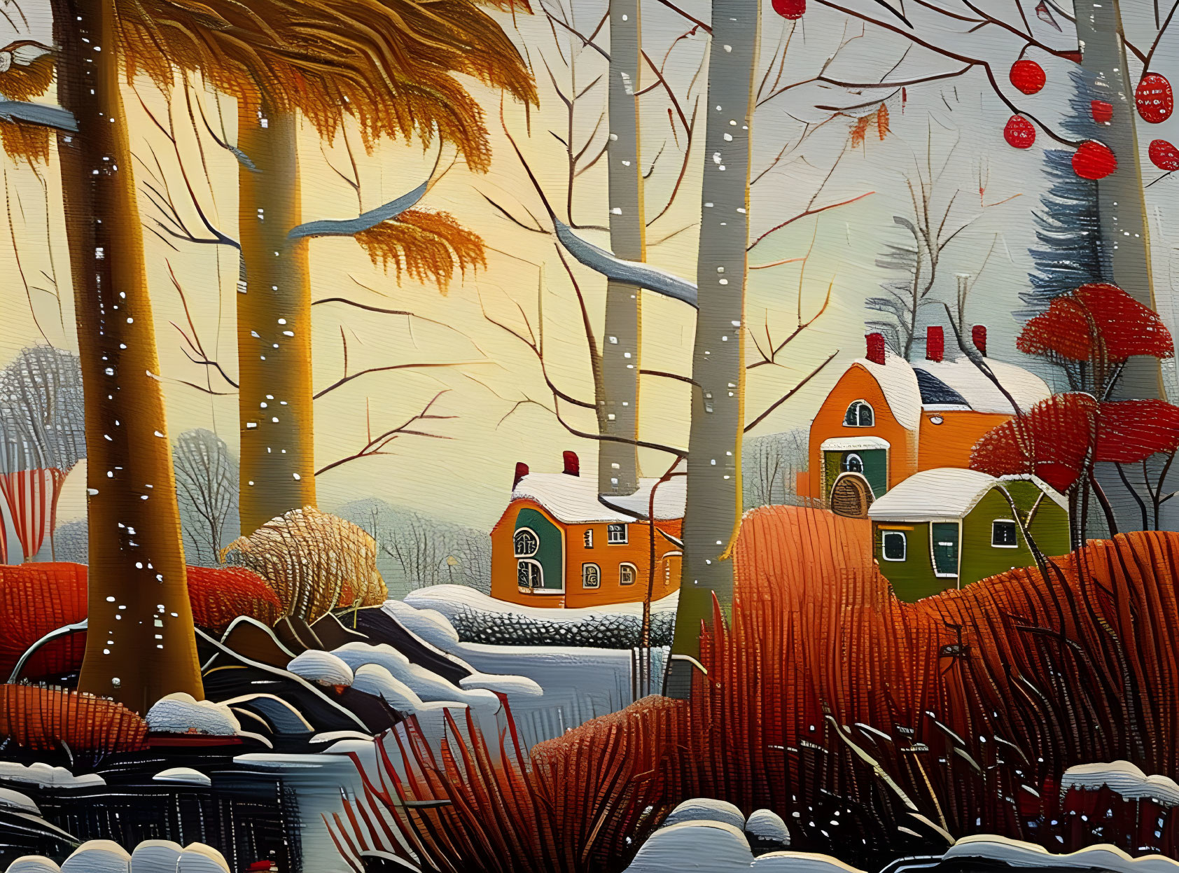 Colorful houses and barren trees in wintry scene painting.