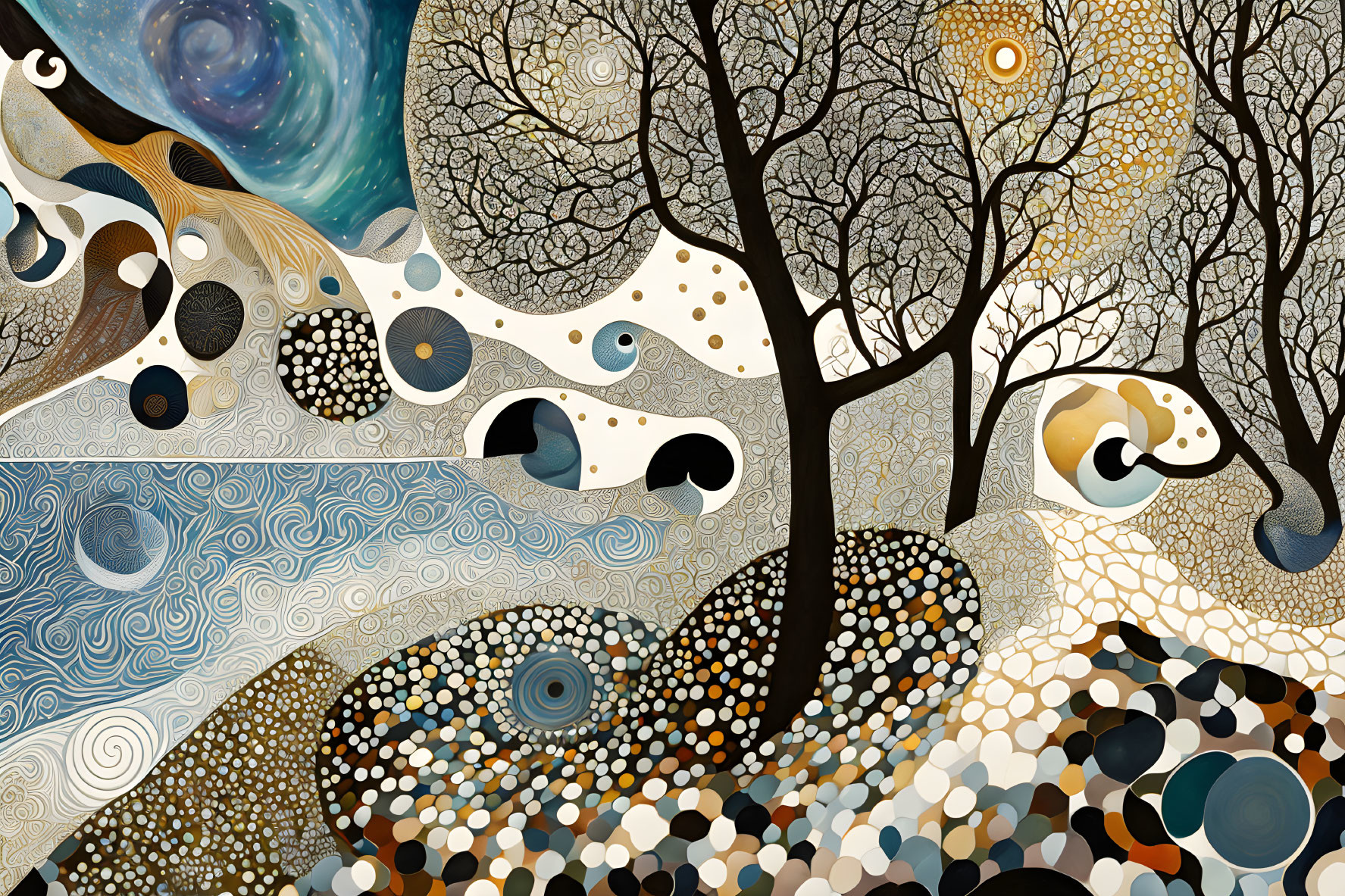 Abstract Earthy Landscape with Swirls and Trees