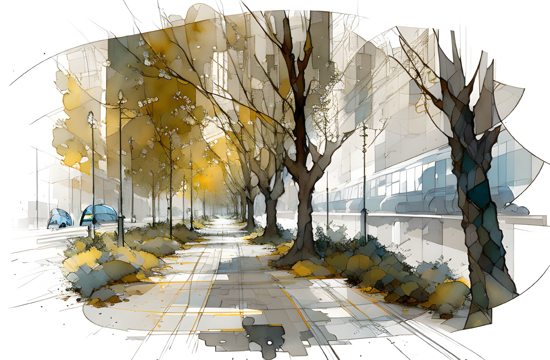 Urban streetscape art with stylized trees, shadows, and buildings in warm yellows and cool blues