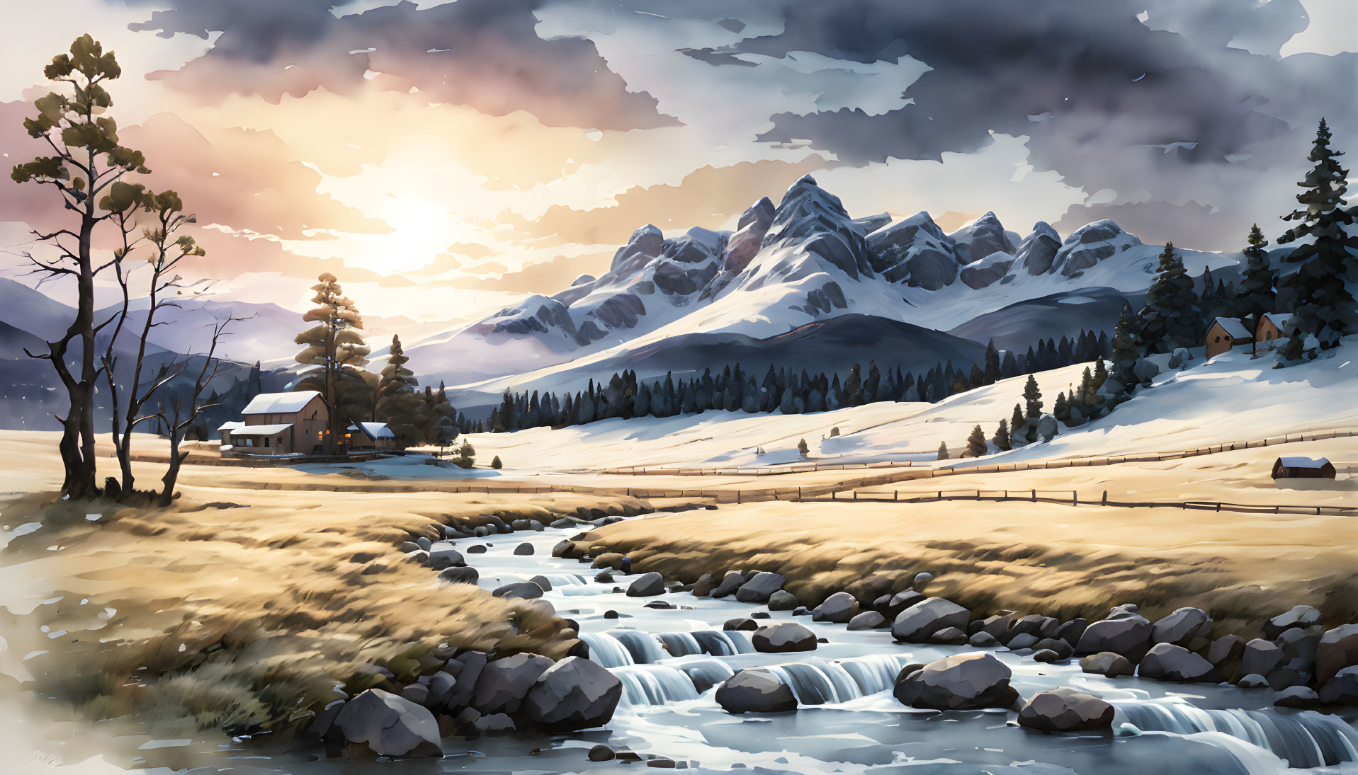 Mountain range painting with stream, cabin, and fields under cloudy sky