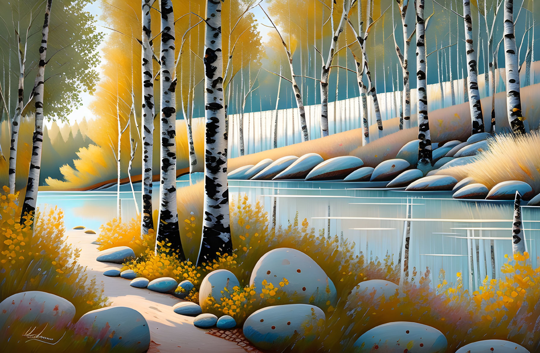 Tranquil birch forest scene by calm lake with golden foliage