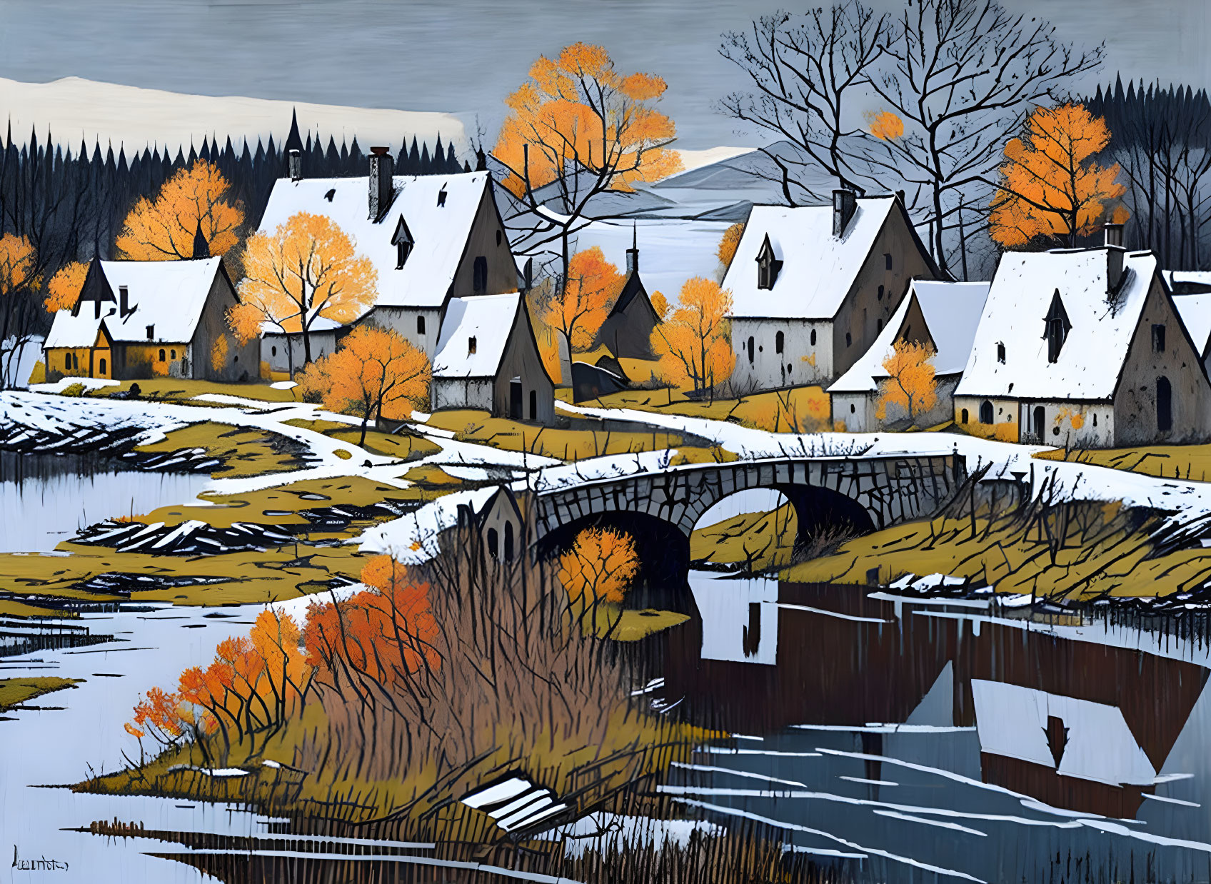 Autumnal village scene: houses, orange trees, stone bridge, river reflections, hills, blue