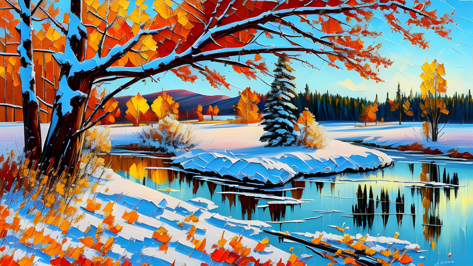 Autumn Leaves Contrast Snowy Landscape by Tranquil River