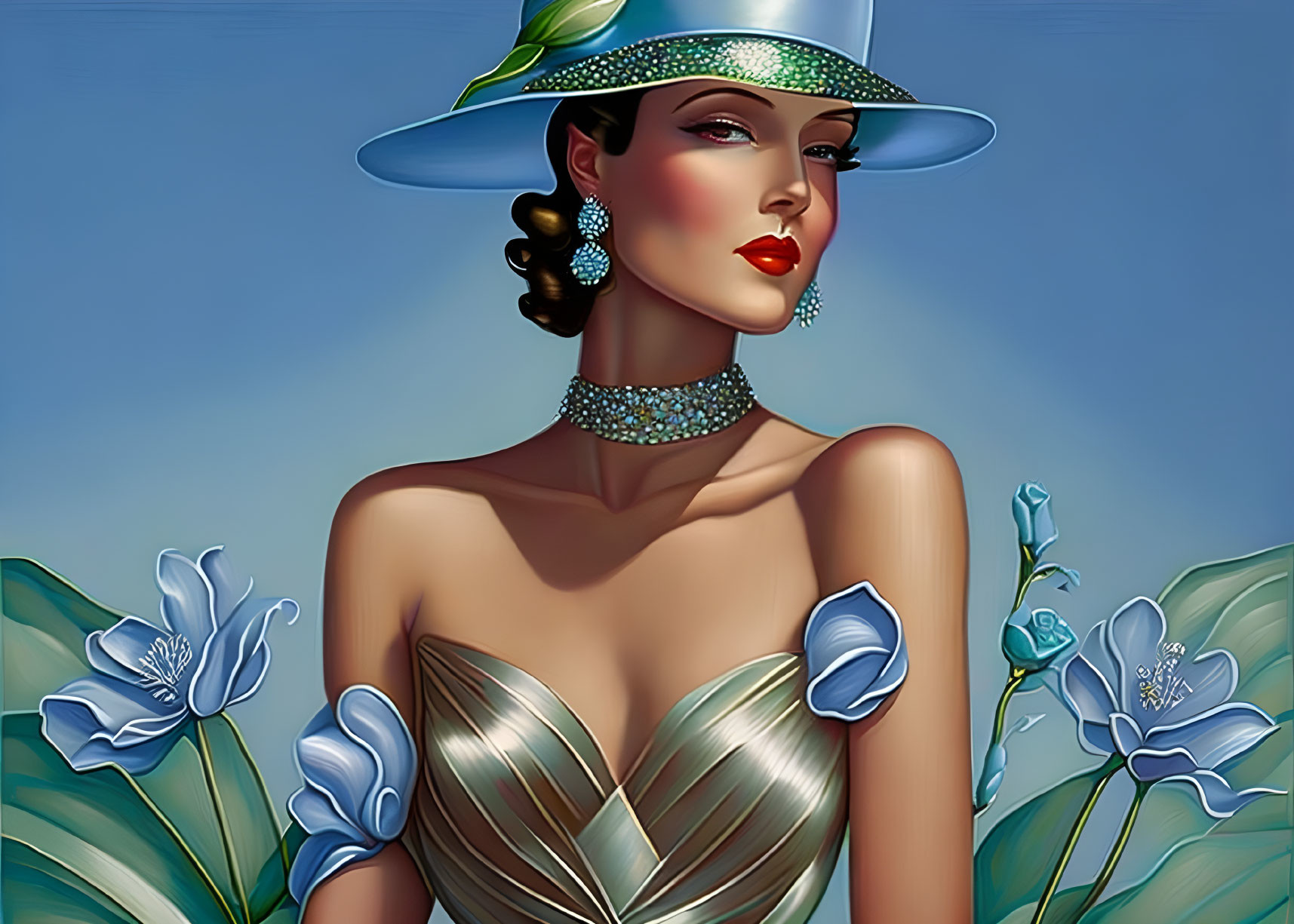 Fashion illustration of elegant woman in stylish hat and gown with red lipstick and blue flowers