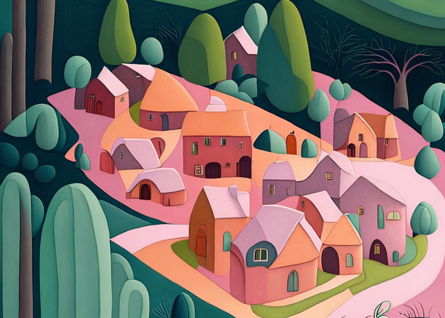 Colorful Village Illustration with Pink and Orange Houses surrounded by Green Trees