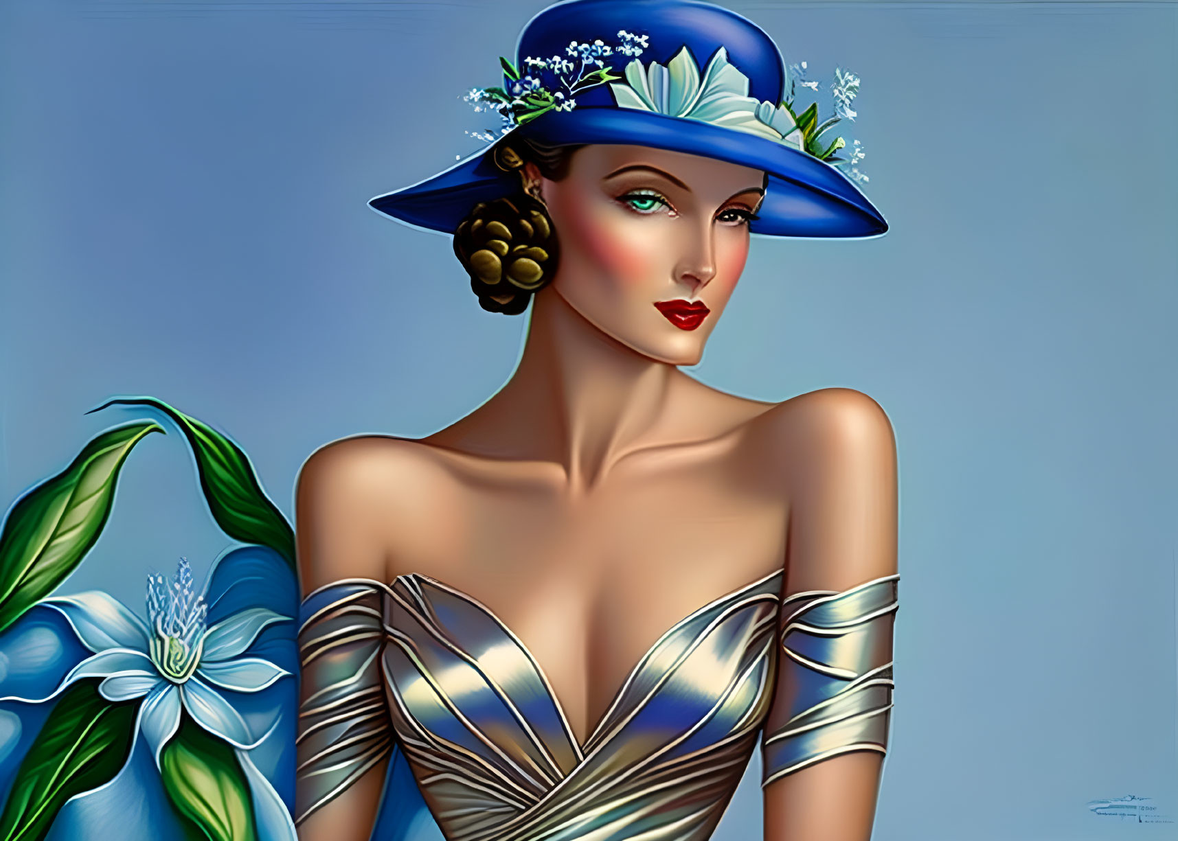 Illustration of woman in blue hat with flower, stylish brown hair, captivating gaze, elegant silver dress