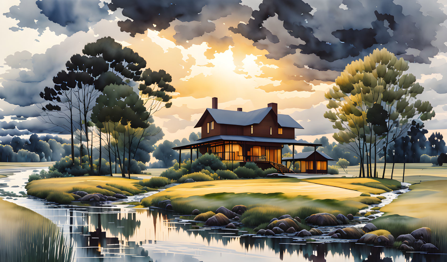 Tranquil lakeside house at sunset with lush trees