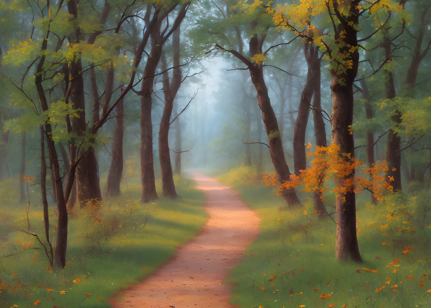 Tranquil Autumn Forest Path with Misty Atmosphere