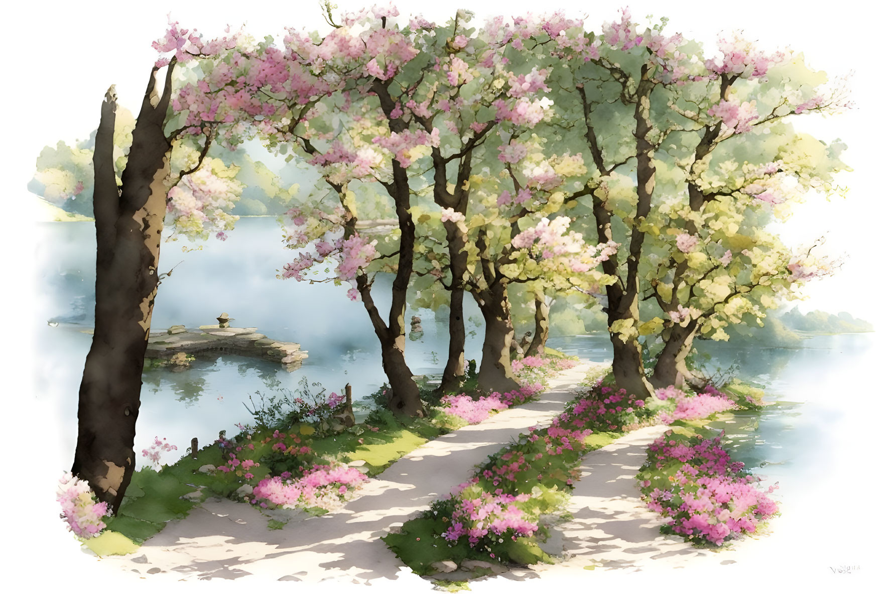 Tranquil cherry blossom pathway by calm lake