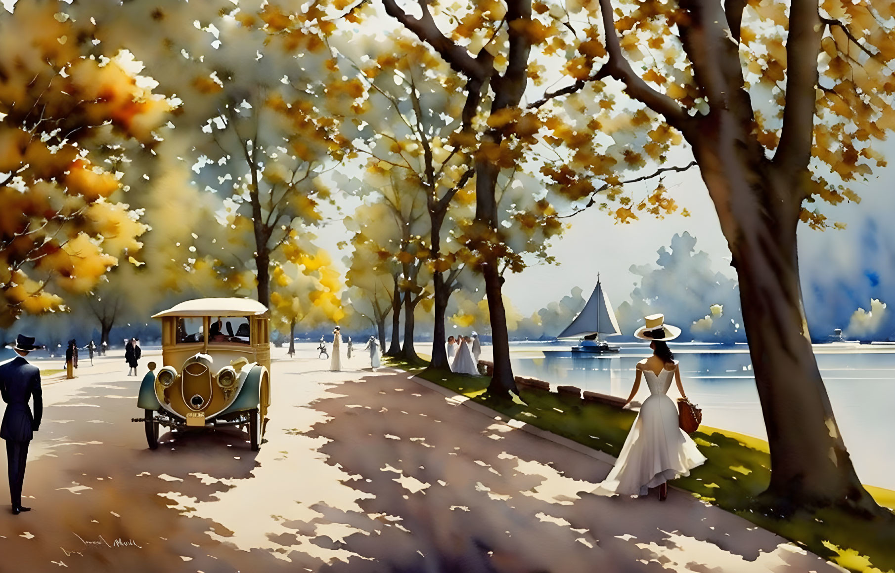 Tranquil autumn lakeside with vintage car and sailboats