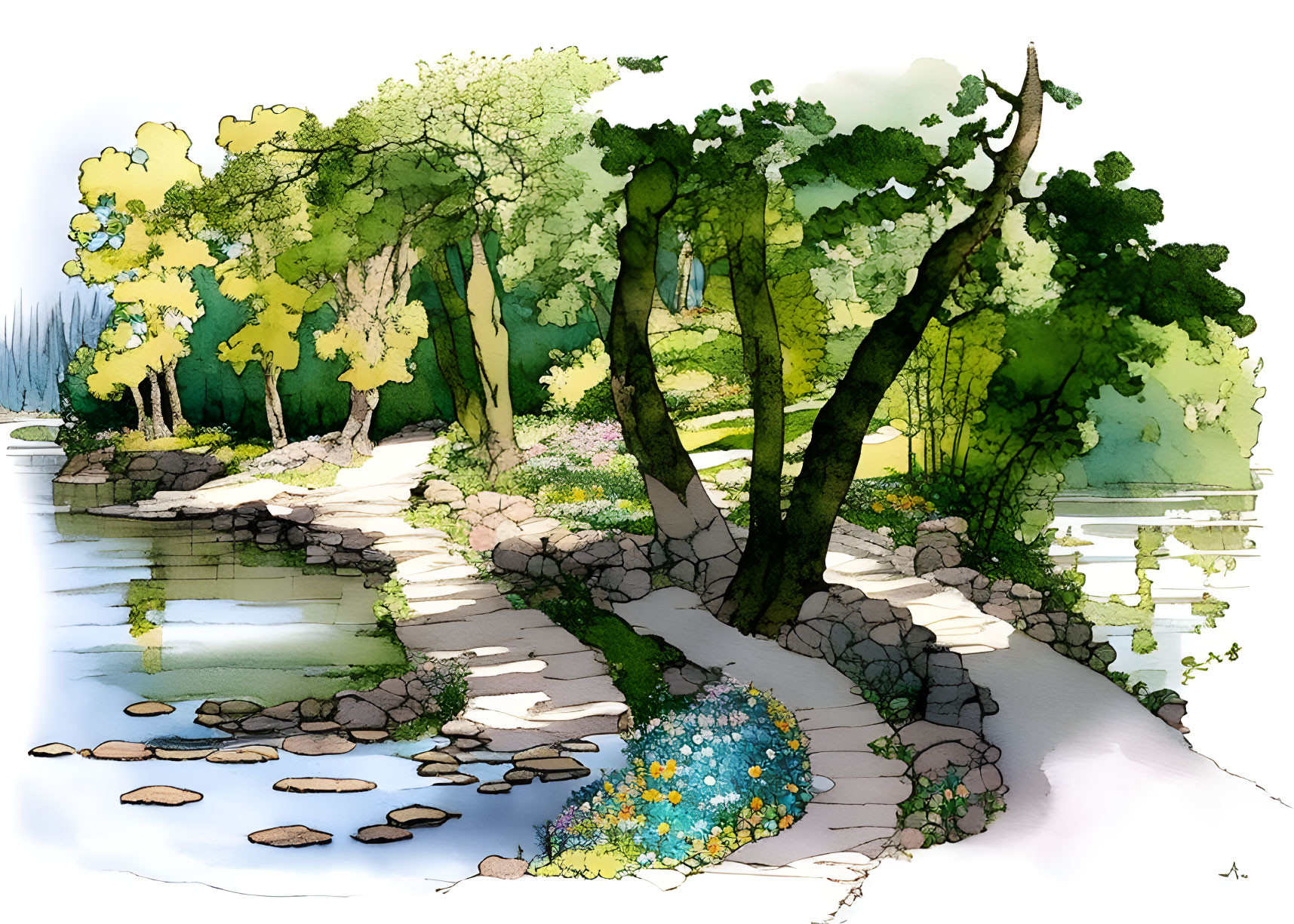 Tranquil watercolor landscape with stone footpath by river