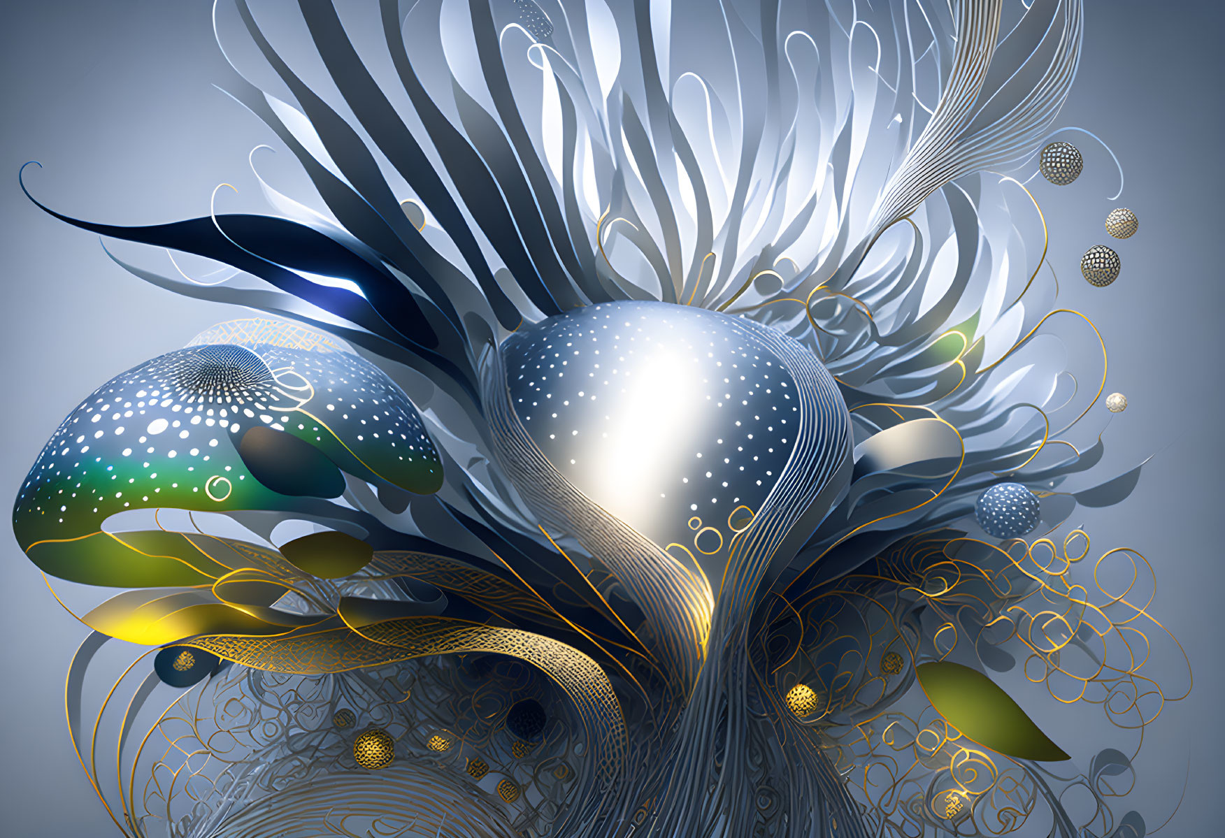 Surreal digital artwork: Luminous heart with gold and blue patterns