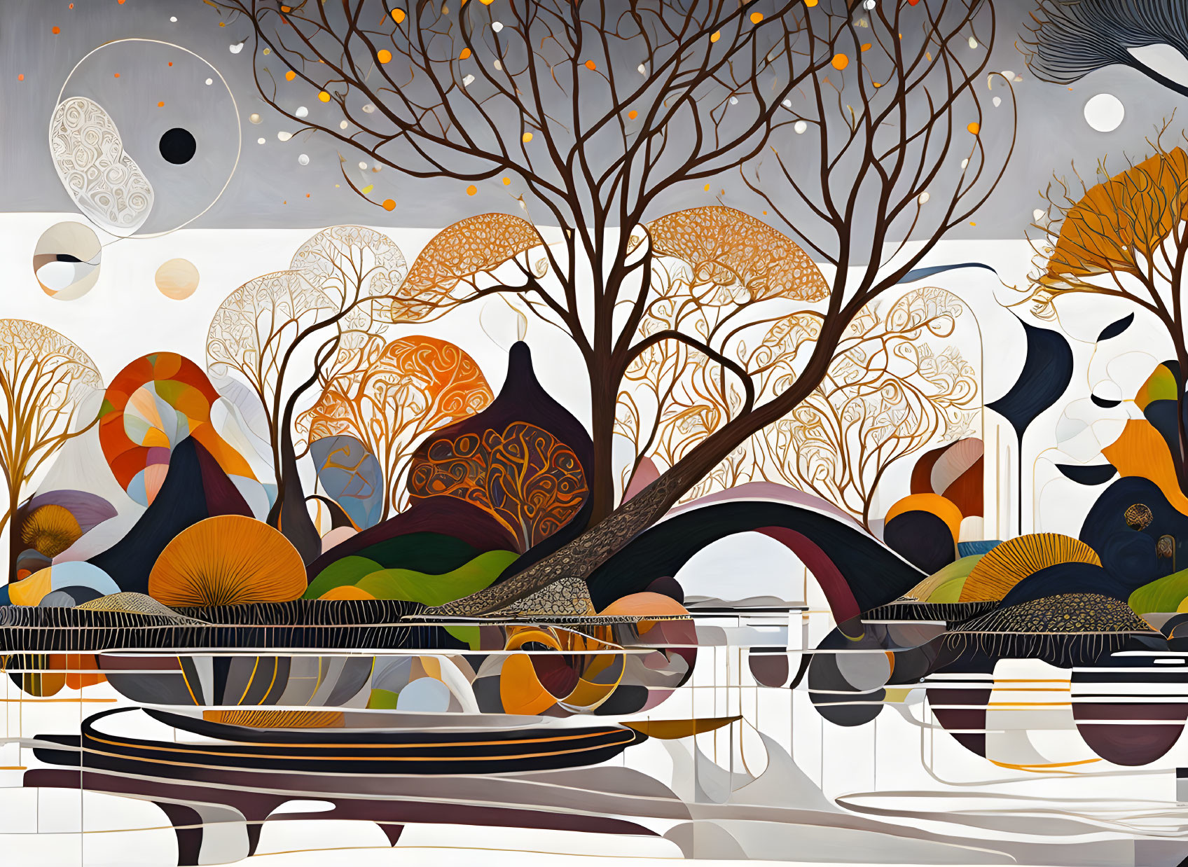 Abstract Landscape Painting with Ornate Trees and Swirling Patterns