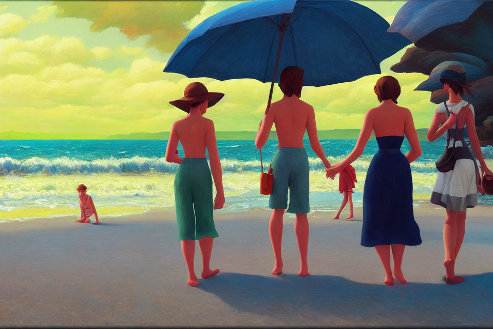 Four Women on Beach with Blue Umbrella, Child Playing in Distance