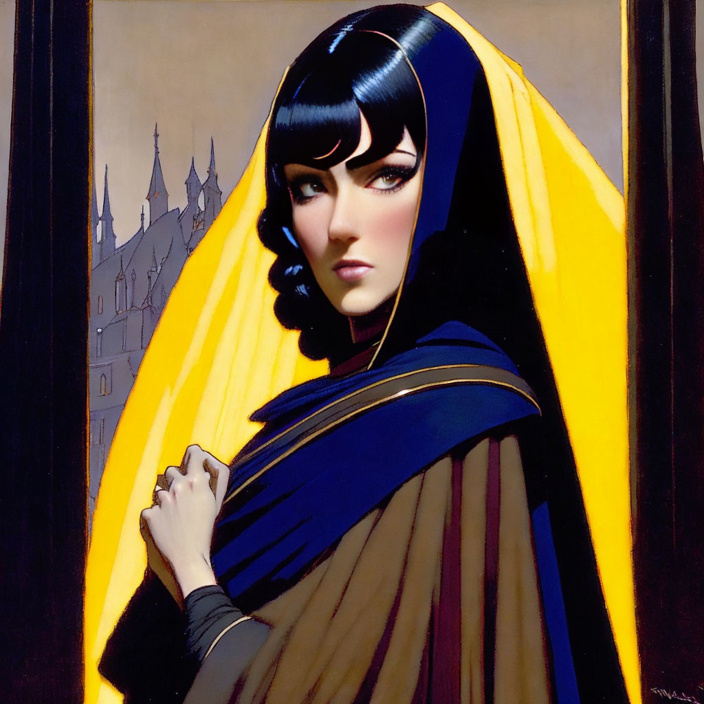 Stylized painting of woman with dark bob haircut in blue cloak against cathedral.