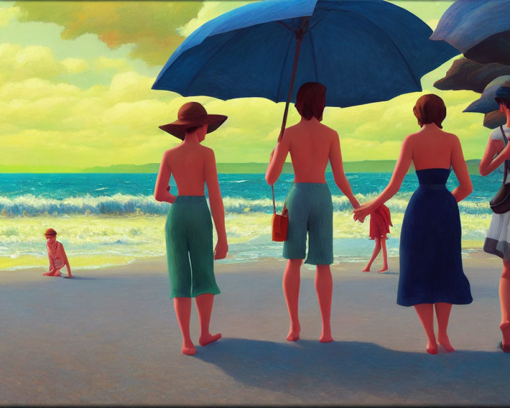 Four Women on Beach with Blue Umbrella, Child Playing in Distance