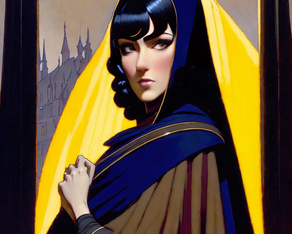 Stylized painting of woman with dark bob haircut in blue cloak against cathedral.