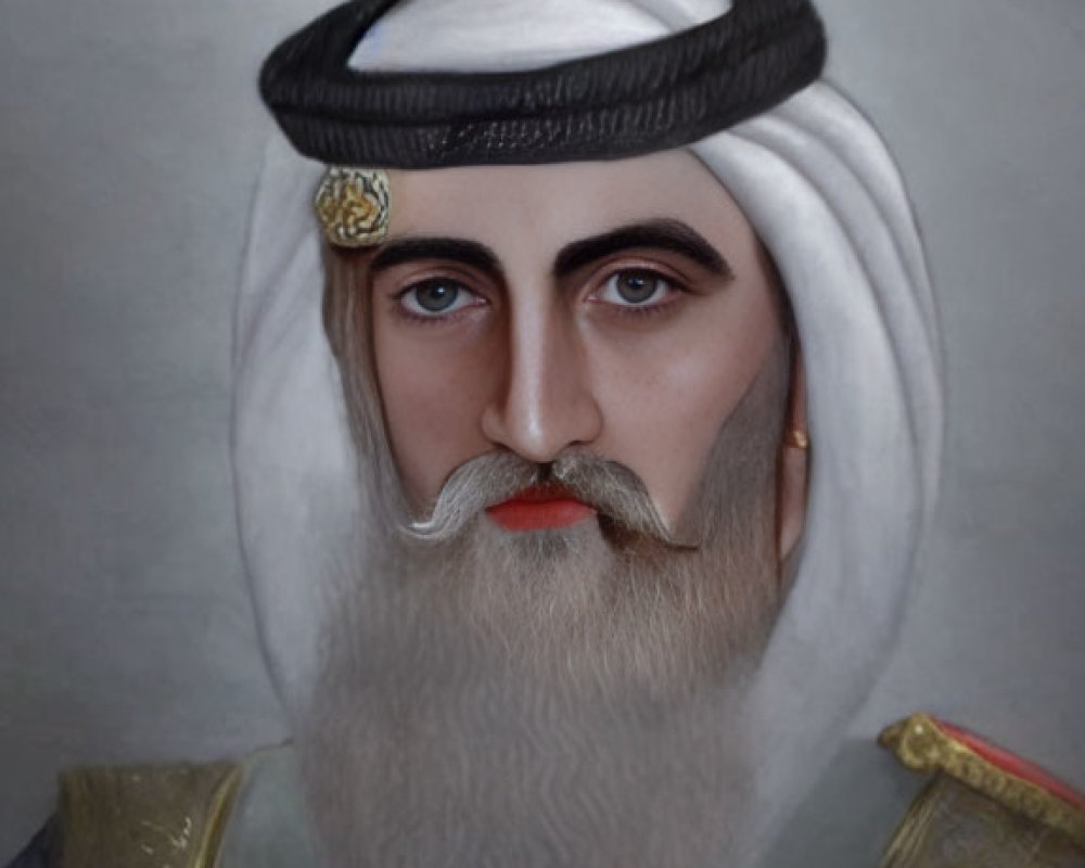 Portrait of a man in traditional Middle Eastern attire with white headdress and gold accessory