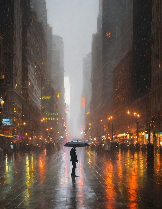 Person with umbrella walks snowy city street under glowing lights