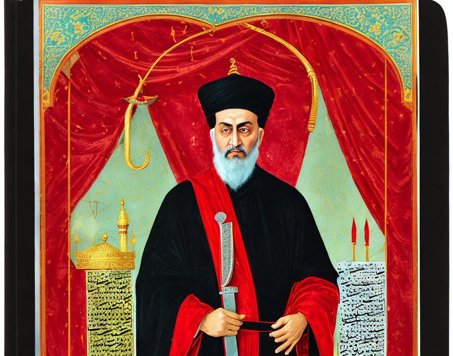 Traditional religious painting of bearded man with book and mosque in background