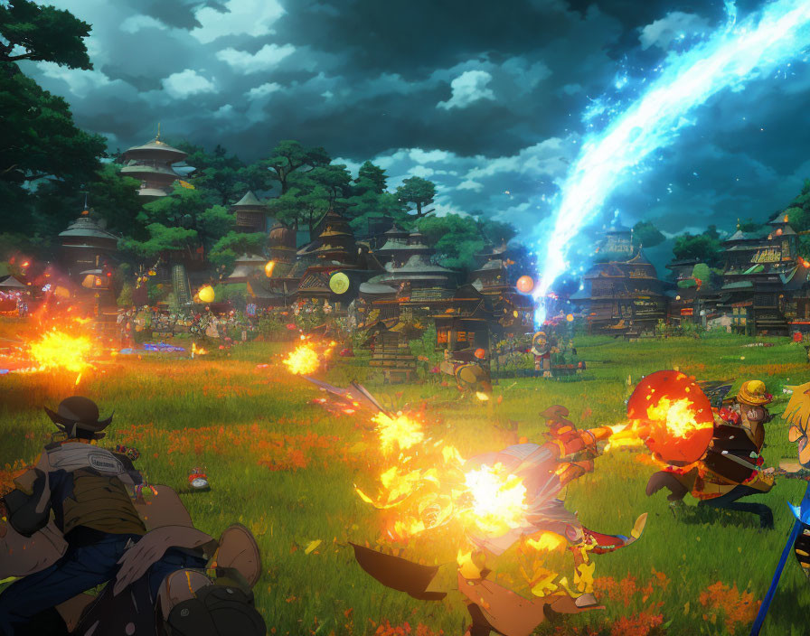 Battle scene in grassy field with ancient Asian-style village backdrop, characters using magic and firearms under storm