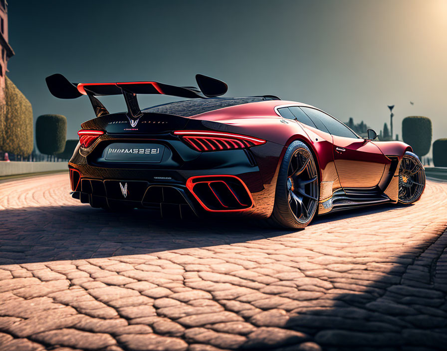 Sleek Red and Black Luxury Sports Car on Patterned Pavement