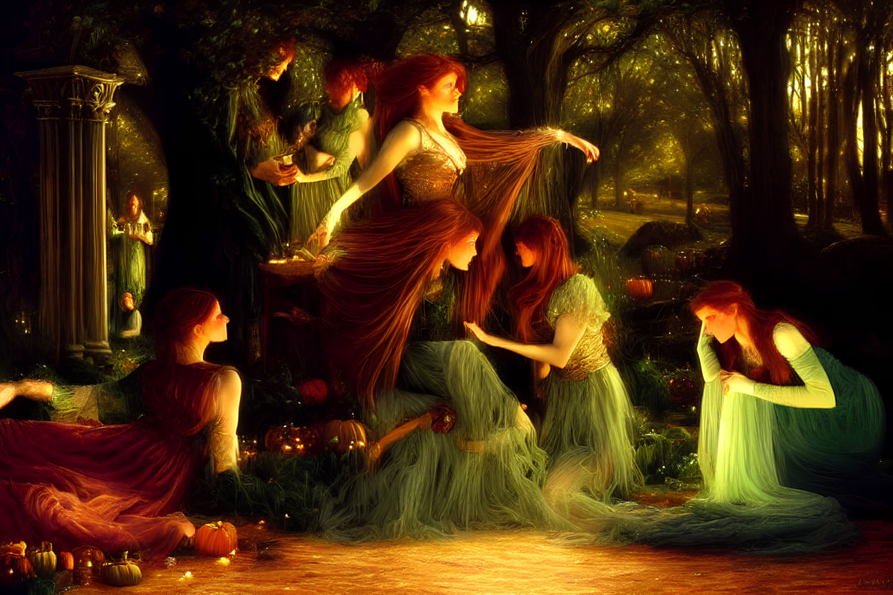 Ethereal women in flowing dresses in enchanted forest with pumpkins