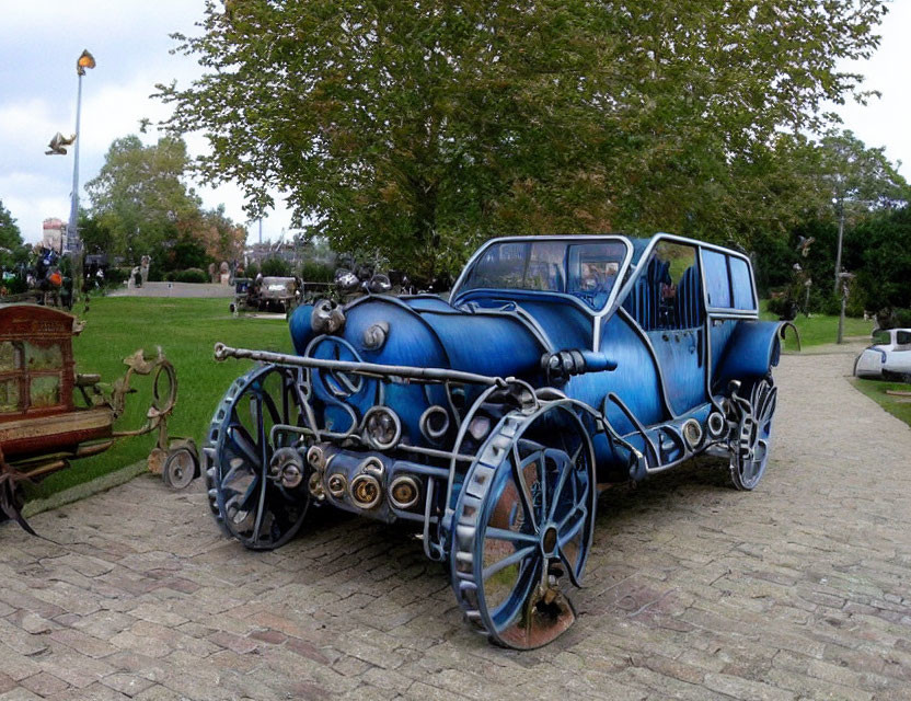 Whimsical blue vintage car sculpture with exaggerated features