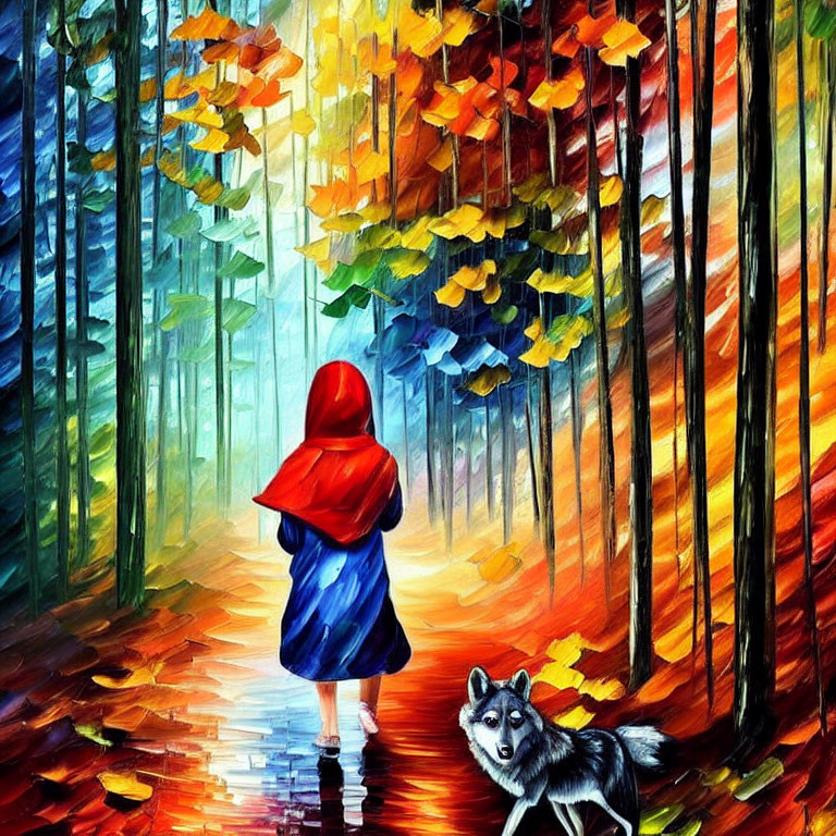 Vibrant painting of girl in red hood walking with husky in autumn forest