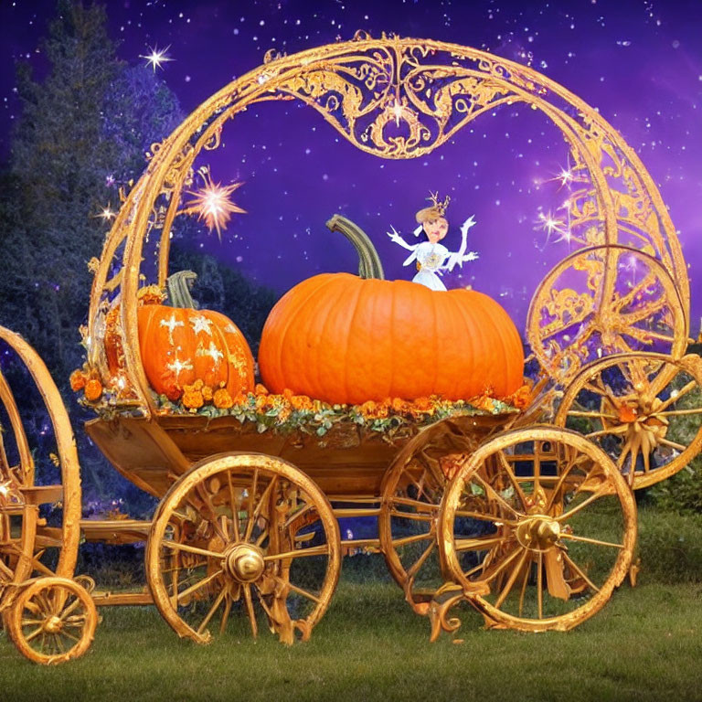Ornate golden pumpkin carriage with fairy under starry night sky