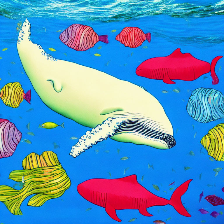 Vibrant Underwater Scene: Smiling White Whale and Colorful Fish in Blue Ocean