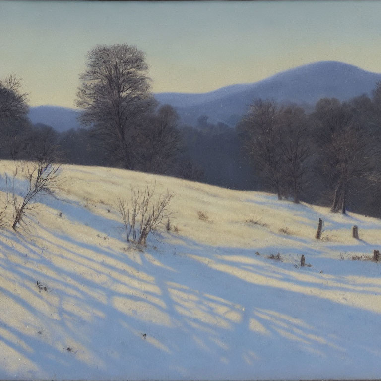 Snow-covered Winter Landscape with Leafless Trees and Hills in Soft Blue Sky