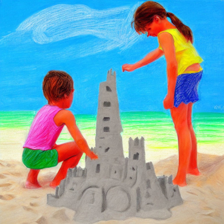 Children building sandcastle on sunny beach with blue sky and ocean.