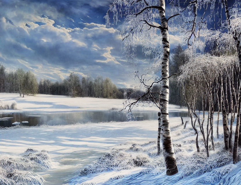 Snow-covered Winter Landscape with Frozen Lake and Bare Trees