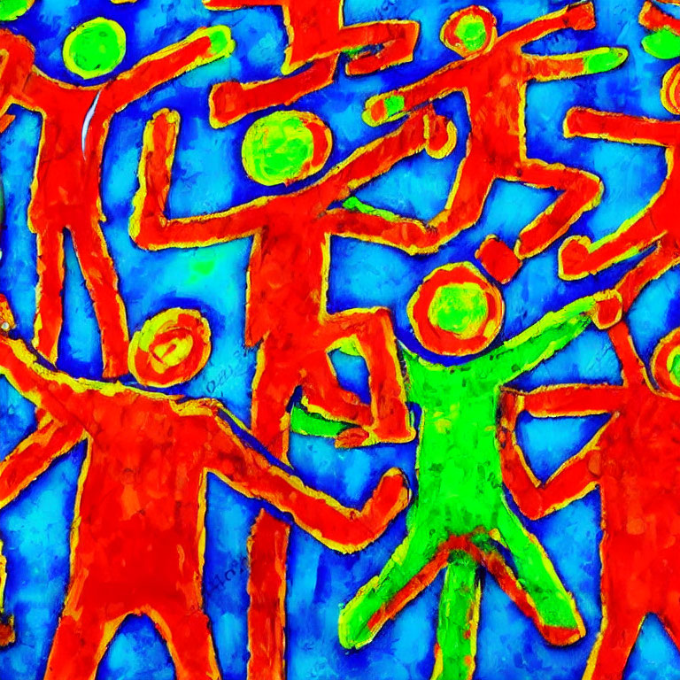 Abstract red and green primitive figures on vibrant blue background