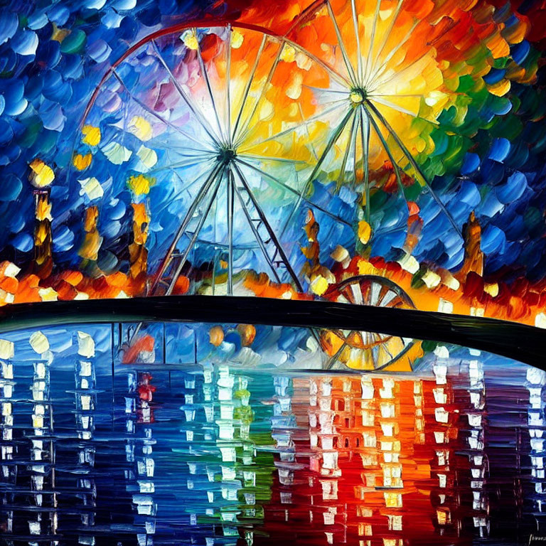 Colorful Abstract Painting of Two Ferris Wheels Reflecting in Water